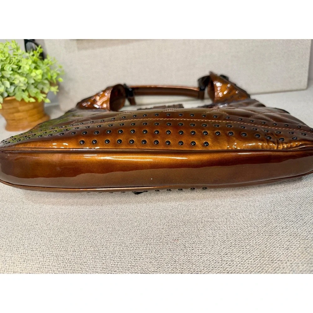 Burberry Prorsum Metallic Bronze Quilted Patent Leather Studded Hobo‎ Bag Italy